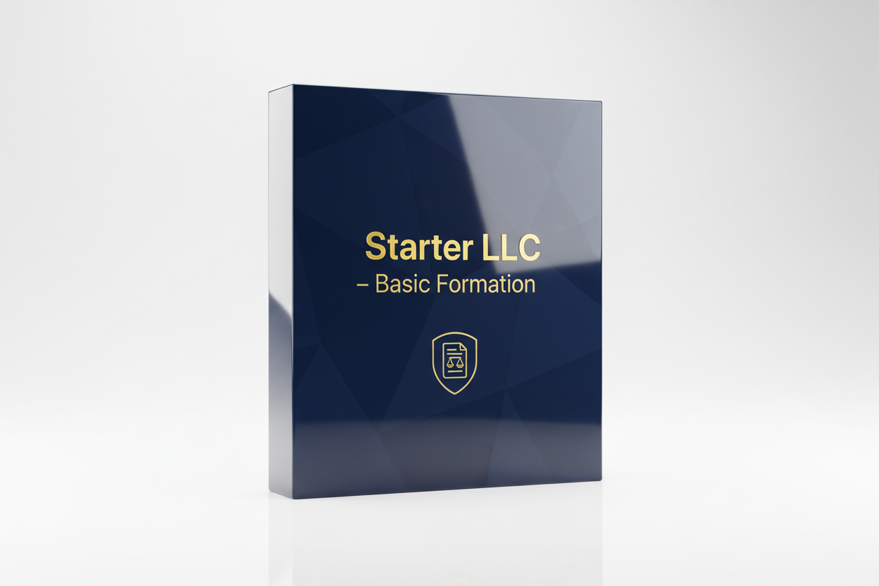 3D glossy software product box mockup labeled “Starter LLC – Basic Formation”. Apple-style packaging, premium smooth reflections, embossed gold #fde428 text, deep dark blue #002e5b base color with soft patterns, minimal legal-themed icon (shield or document). White reflective studio background, floating shadow, cinematic lighting, ultra realistic, e-commerce product display.