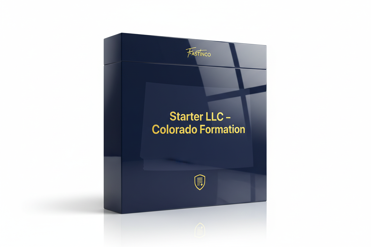 3D glossy software product box mockup labeled “Starter LLC – Colorado Formation”. Apple-style packaging, premium smooth reflections, embossed gold #fde428 text, deep dark blue #002e5b base color with soft geometric patterns inspired by Colorado’s outline, minimal legal-themed icon (shield or document). The top of the box includes a small gold “FASTINCO” signature logo. White reflective studio background, floating shadow, cinematic lighting, ultra realistic, e-commerce product display.
