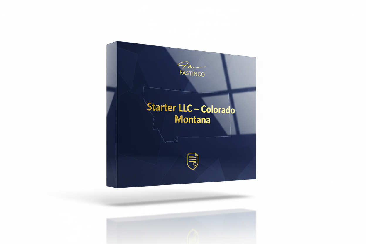 3D glossy software product box mockup labeled “Starter LLC – Colorado Montana”. Apple-style packaging, premium smooth reflections, embossed gold #fde428 text, deep dark blue #002e5b base color with soft geometric patterns inspired by Montana’s outline, minimal legal-themed icon (shield or document). The top of the box includes a small gold “FASTINCO” signature logo. White reflective studio background, floating shadow, cinematic lighting, ultra realistic, e-commerce product display.
