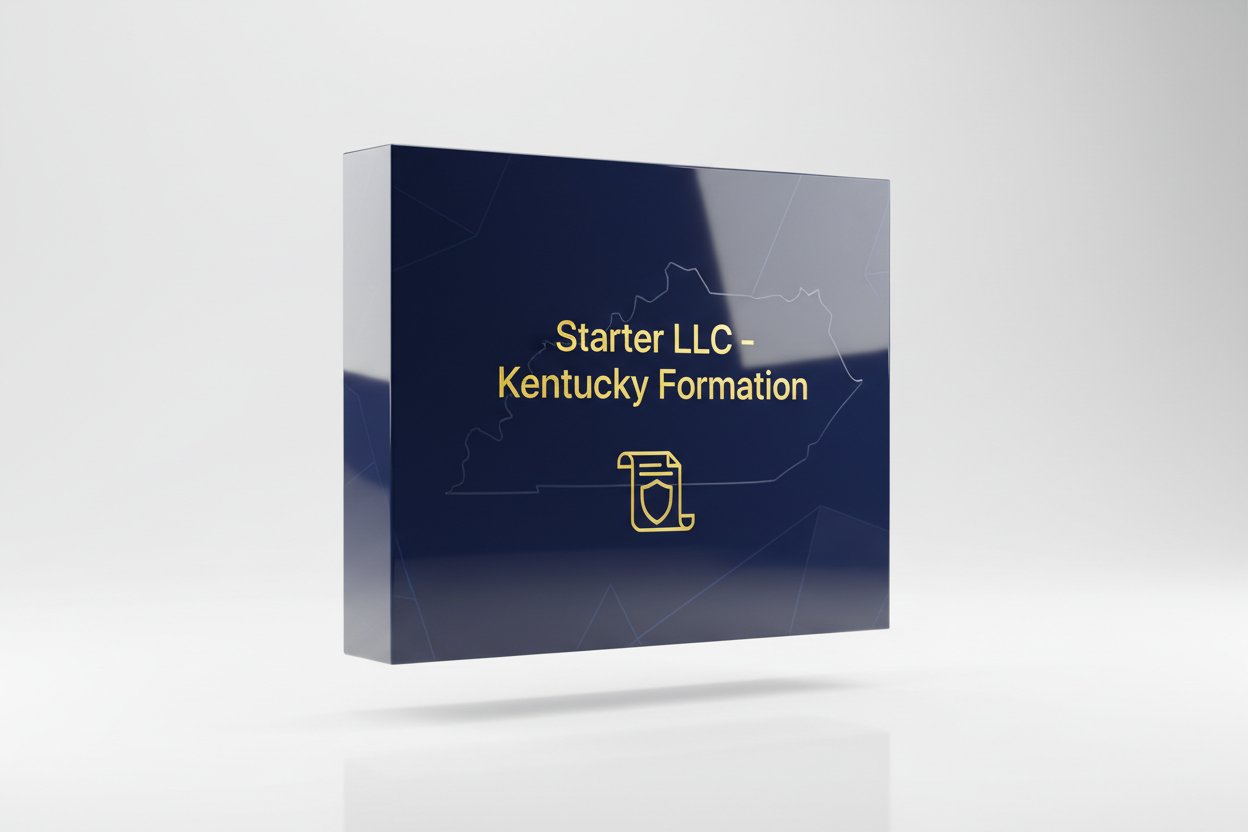 3D glossy software product box mockup labeled “Starter LLC – Kentucky Formation”. Apple-style packaging, premium smooth reflections, embossed gold #fde428 text, deep dark blue #002e5b base color with soft geometric patterns inspired by Kentucky’s outline, minimal legal-themed icon (shield or document). White reflective studio background, floating shadow, cinematic lighting, ultra realistic, e-commerce product display.
