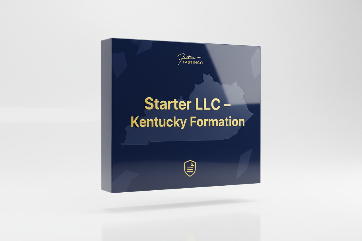 3D glossy software product box mockup labeled “Starter LLC – Kentucky Formation”. Apple-style packaging, premium smooth reflections, embossed gold #fde428 text, deep dark blue #002e5b base color with soft geometric patterns inspired by Kentucky’s outline, minimal legal-themed icon (shield or document). The top of the box includes a small gold “FASTINCO” signature logo. White reflective studio background, floating shadow, cinematic lighting, ultra realistic, e-commerce product display.

