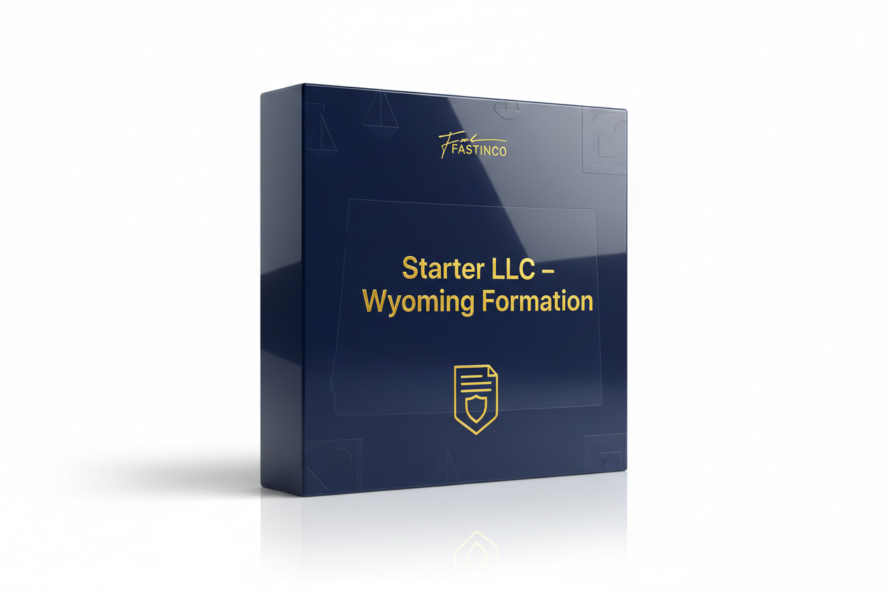 3D glossy software product box mockup labeled “Starter LLC – Wyoming Formation”. Apple-style packaging, premium smooth reflections, embossed gold #fde428 text, deep dark blue #002e5b base color with soft geometric patterns inspired by Wyoming’s outline, minimal legal-themed icon (shield or document). The top of the box includes a small gold “FASTINCO” signature logo. White reflective studio background, floating shadow, cinematic lighting, ultra realistic, e-commerce product display.
