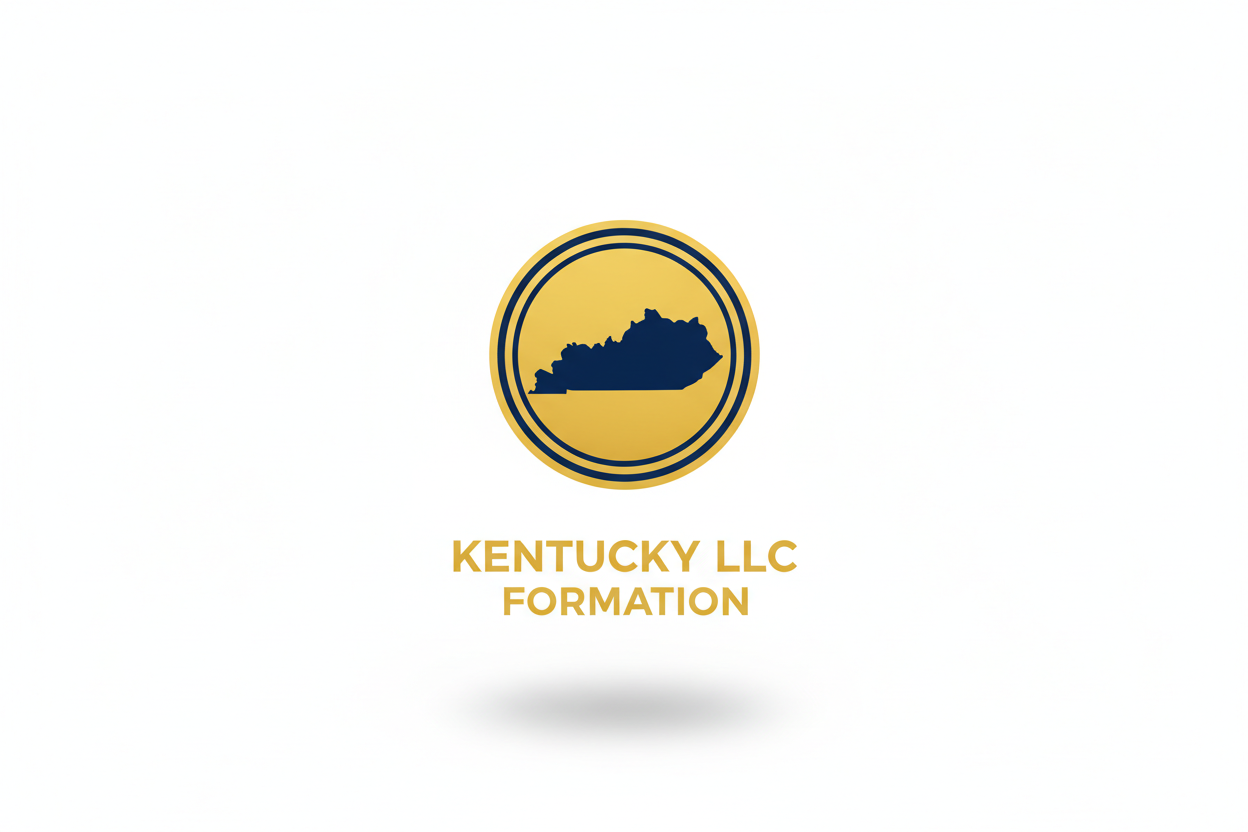 Minimal flat badge icon for “Kentucky LLC Formation”. Circular badge with double gold #fde428 ring, centered solid navy #002e5b fill silhouette of Kentucky state shape with gold border, clean vector style. Below icon text: “Kentucky LLC” bold uppercase and “Formation” beneath in regular weight. White background, soft bottom shadow, legal-tech aesthetic, premium corporate identity, high resolution, centered composition.