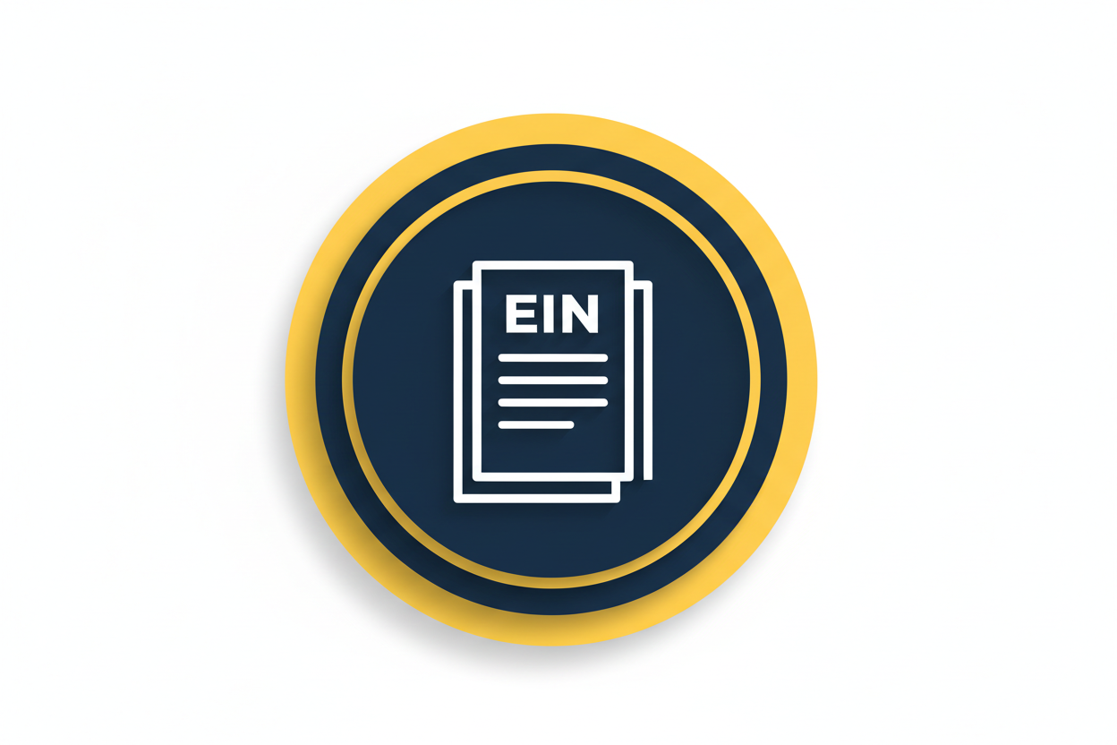 Minimal premium flat-vector style logo. Circular badge, double-ring outline in gold (#FDE428) with navy (#002E5B) fill, centered IRS document or paper icon with EIN text , modern corporate, luxury feel, no text, high-contrast, realistic lighting, export as PNG .