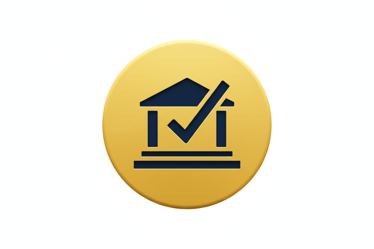 PROMPT — Banking Concierge Icon

Minimal premium icon style, flat vector, navy blue (#002E5B) and gold (#FDE428) palette, circular badge, modern US bank building silhouette with a checkmark, clean lines, high-contrast, no text, center composition, 3D lighting subtle, Fintech meets legal style, upscale, for website UI, isolated PNG white background.
